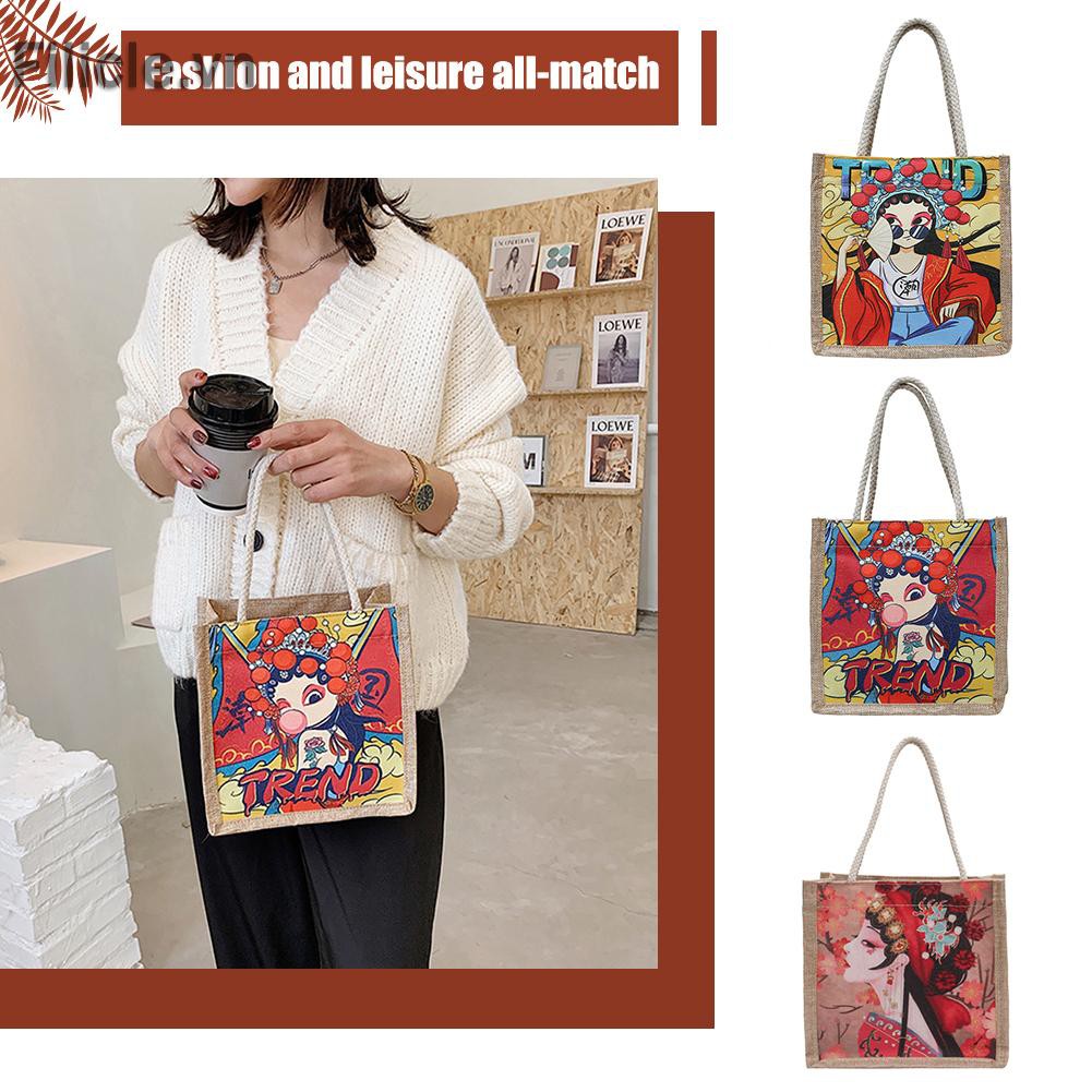túi Cartoon Peking Opera Printed Handbag Women Canvas Big Capacity Shoulder Bag