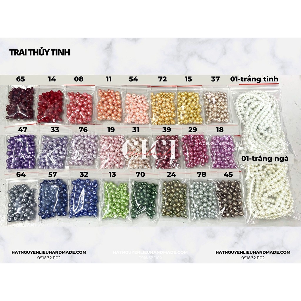 Set full 26 màu (túi lẻ) Hạt trai nhân tạo thủy tinh size 4mm-6mm-8mm-10mm-12mm Cici Handmade chuyên hạt đá hạt pha lê