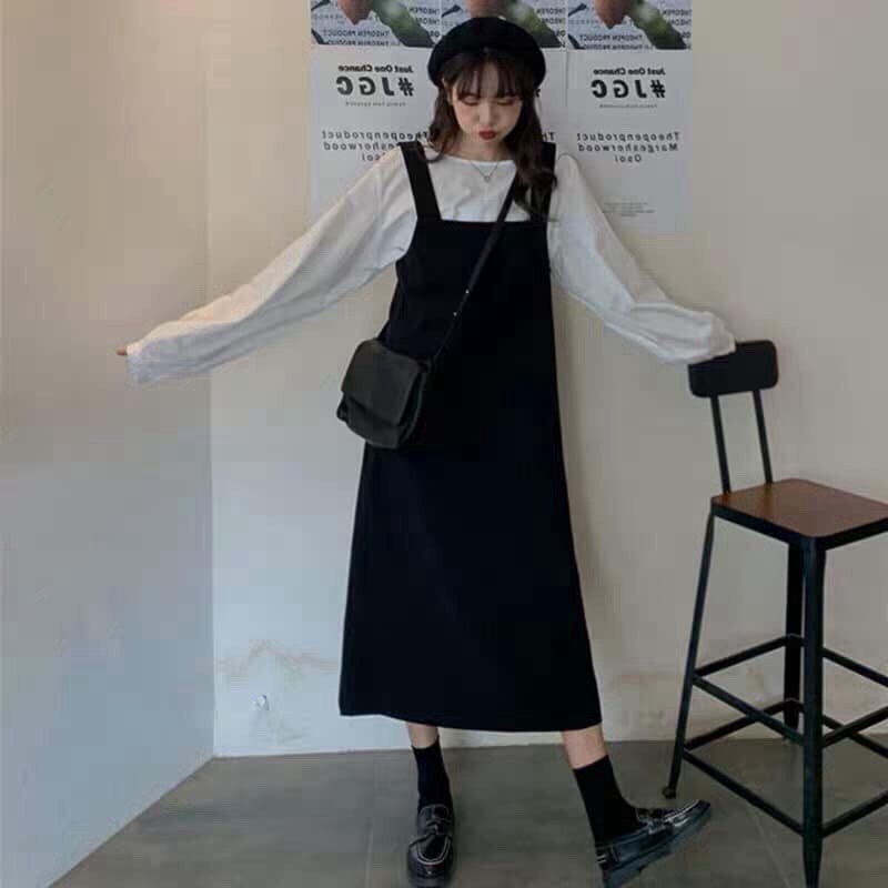Set yếm váy kaki dáng thụng ullzang - Yếm dài Hàn Quốc mix áo phông dài tay trắng