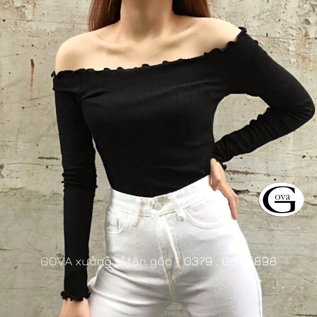 Áo Croptop TAY DÀI TRỄ VAI XOĂN Thun Gân Kiểu Sexy Nữ, Áo Thun Ôm Body Đẹp GOVA