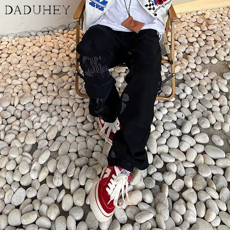 DaDuHey Men's Summer New 2022 Hong Kong Style Fashion Casual Pants Hip Hop Cool Ins Trendy High Street Fashionable Jeans