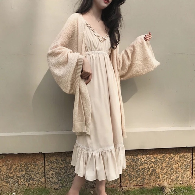 [ Sẵn Be & Trắng Dài ] Áo khoác len mỏng/Áo choàng len mỏng/Khoác cardigan (có ảnh thật)