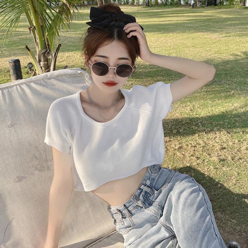 Áo Croptop Dệt Kim Tay Ngắn Màu Sắc Đơn Giản Phong Cách Hàn Quốc