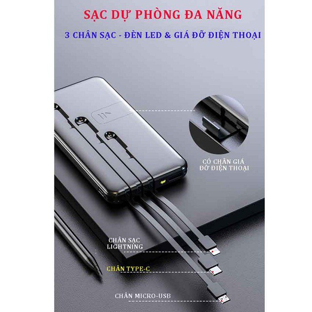 [3 trong 1] Sạc Dự Phòng Tích Hợp 3 Cáp Sạc Micro, Lingtning, TypeC, Có Đèn Pin, Có Đế Xem Phim, Pin Chuẩn 10.000 mAh