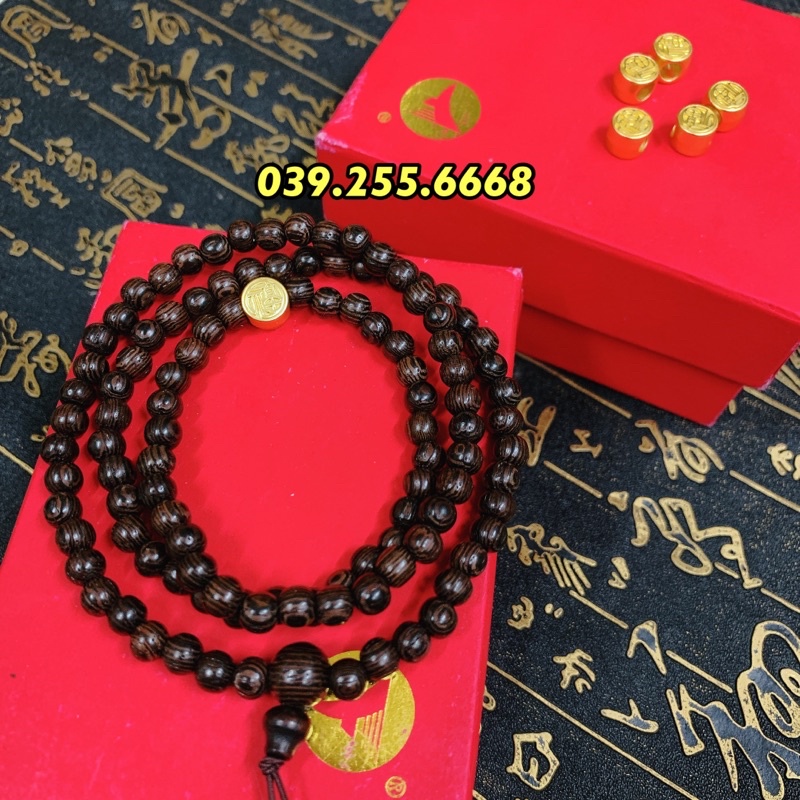 Vòng Tay Trầm Hương 108 Hạt mix Charm chữ &quot; Phúc&quot; Bạc xi Vàng cao cấp tặng kèm Hộp Gấm