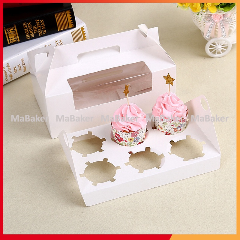 Set 10,50 hộp đựng 6 bánh cupcake màu trắng có quai xách tiện lợi, thông minh (thùng 200 cái) - MaBaker