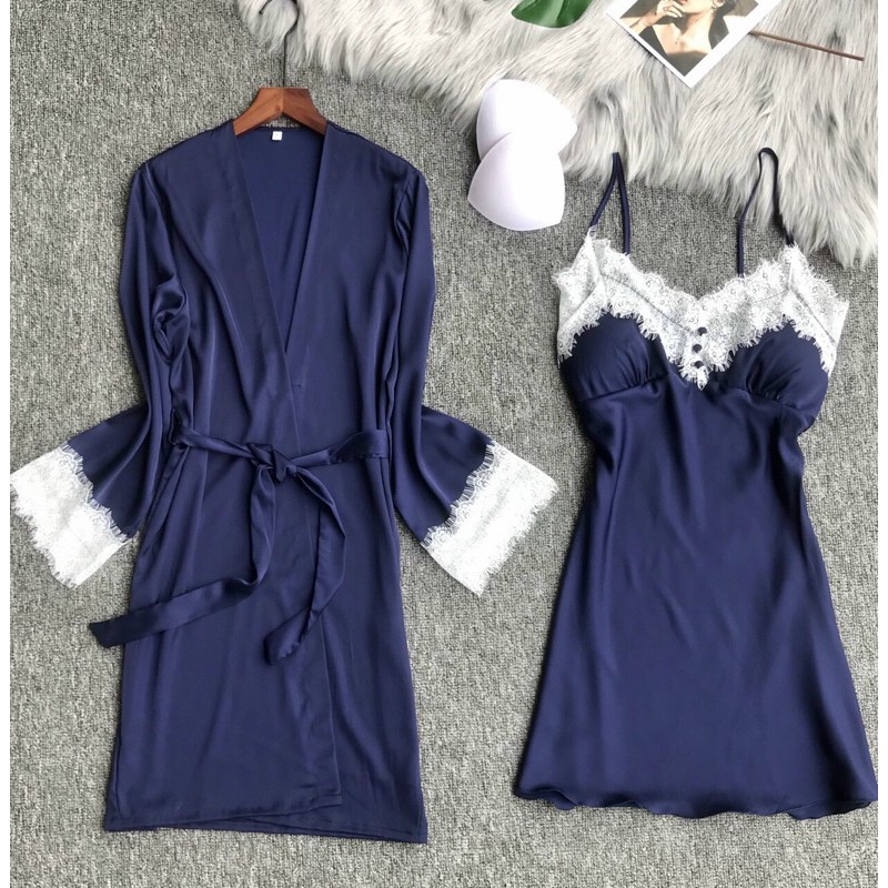set đầm ngủ lua kèm choàng xanh coban chất satin mềm
