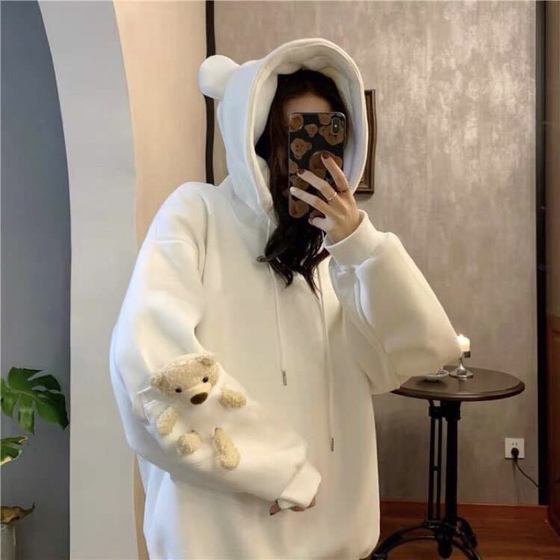 Áo hoodie có tai +gấu bông ở tay HSU1 , áo thun nam nữ, áo thun dài tay, sét bộ mặc ở nhà - LEEDA MODY