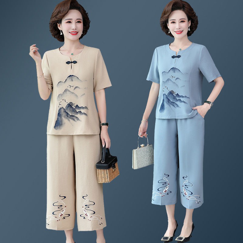 Bộ đồ cotton và lanh dành cho mẹ mùa hè, phong cách phương Tây, phụ nữ trung niên cao tuổi 5060 mặc áo thun hai