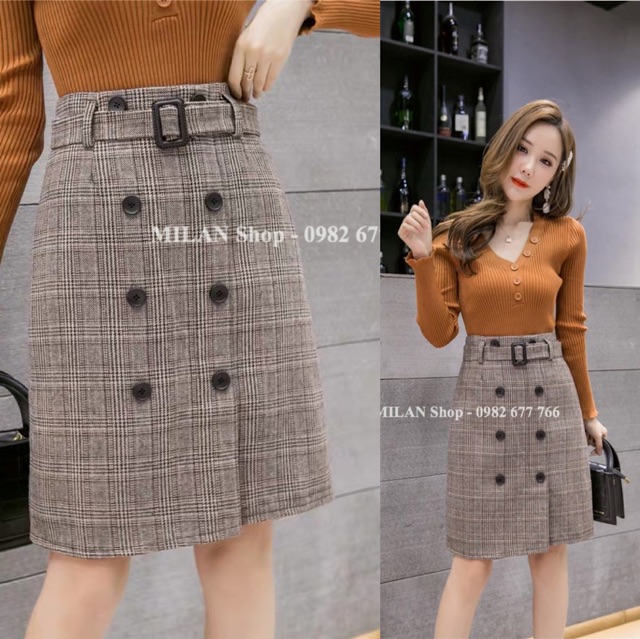 Chân váy dạ ngang gối kèm đai 2 hàng khuy thời trang. | BigBuy360 - bigbuy360.vn