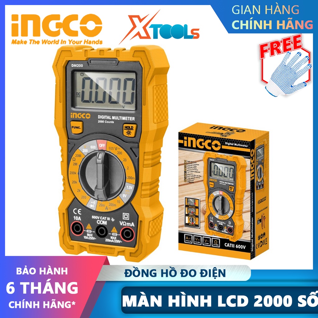 Đồng hồ đo điện vạn năng INGCO DM2002 | Đồng hồ vạn năng Màn hình LCD 2000 số đếm Chỉ thị số DCV 200mV/2V/20V/200V/600V