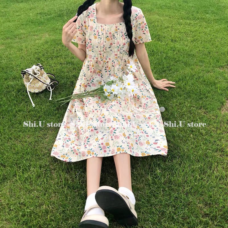 Váy hoa nhí cổ vuông babydoll dáng dài đầm hoa vàng ngắn tay có dây buộc eo ulzzang xinh xắn