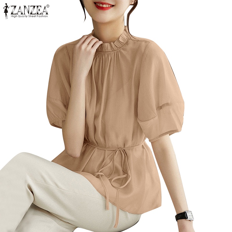 Áo kiểu Zanzea tay phồng ngắn cổ đứng phối bèo và dây thắt nút thời trang thanh lịch cho nữ