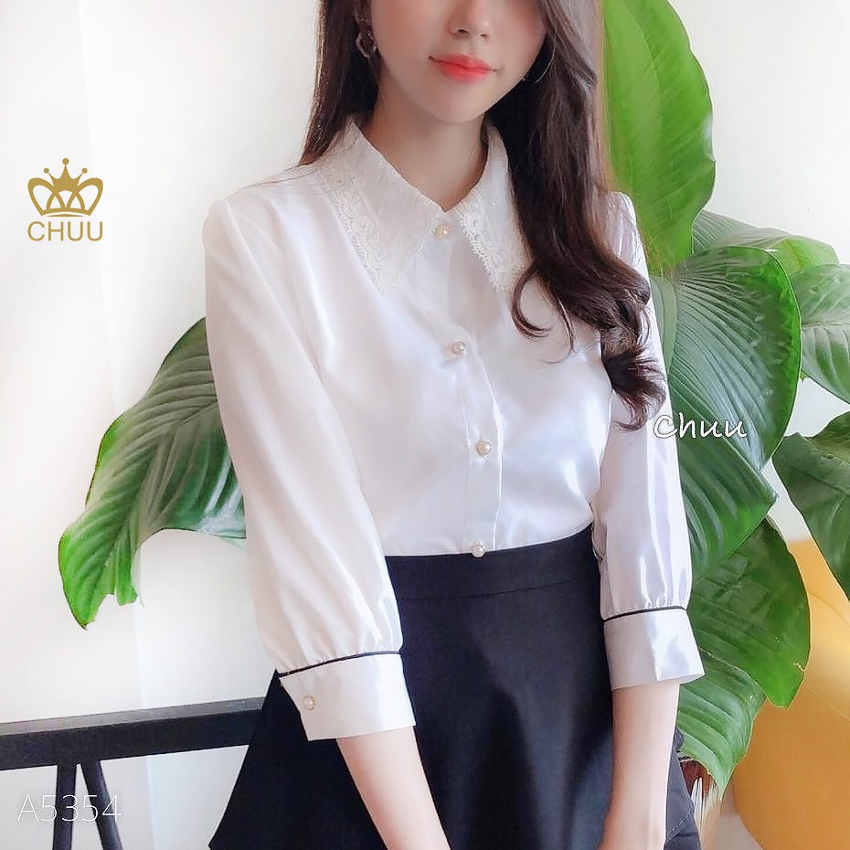 Áo sơ mi nữ trắng cổ ren tay lửng pijama CHUU A5354 - Hàng mới về