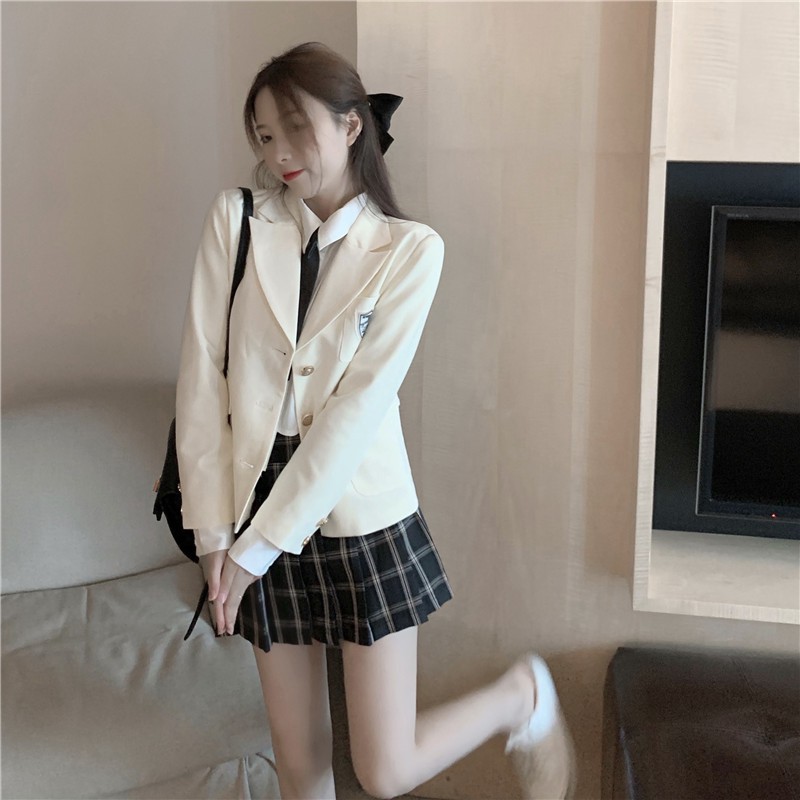 Set váy xếp ly kẻ sọc +Áo vest trơn màu phong cách Hàn Quốc | BigBuy360 - bigbuy360.vn