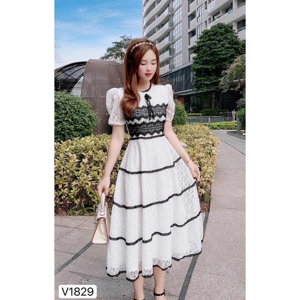 Váy ren trắng phối đen V1829 - Đẹp Shop DVC (Kèm ảnh thật trải sàn do shop tự chụp)