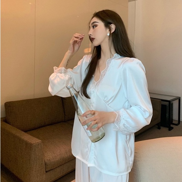 Bộ mặc nhà lụa cổ V neck tiểu thư , thiết kế tối giản tinh tế