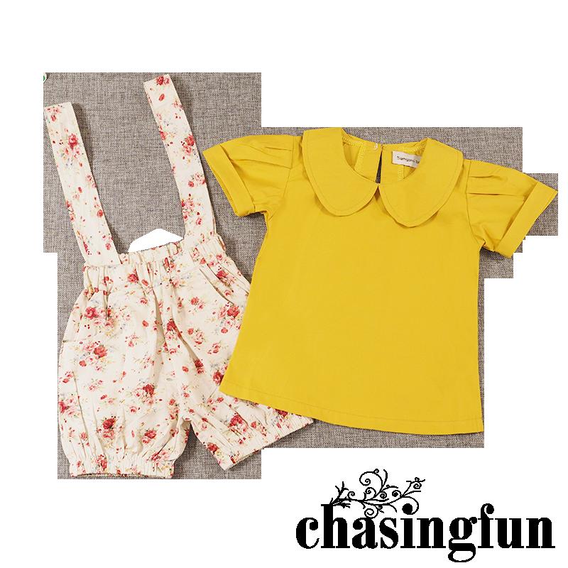 CHF-Baby Girl Clothing Set Short Sleeve Doll Collar Yellol T-shirt + Floral Suspender Shorts