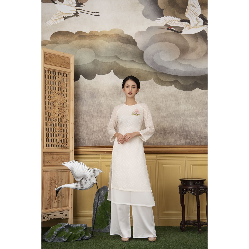 Áo dài nữ 🎀FREESHIP🎀 Áo dài trắng truyền thống cài hoa cực đẹp