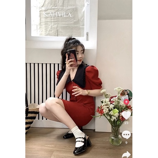 ĐẦM ĐỎ XỐP CỔ ĐEN BÈO THẮT NƠ SAU