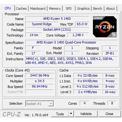 Bộ Vi Xử Lý Ryzen 5 1400 4 nhân, 8 luồng - CPU AMD R5 1400 cũ