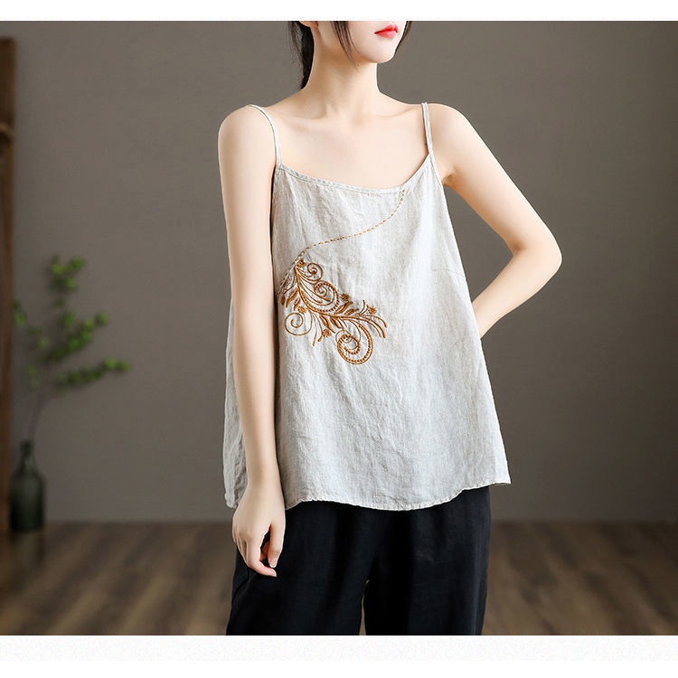 Áo hai dây cotton lanh giả form rộng thêu họa tiết thời trang 2022
