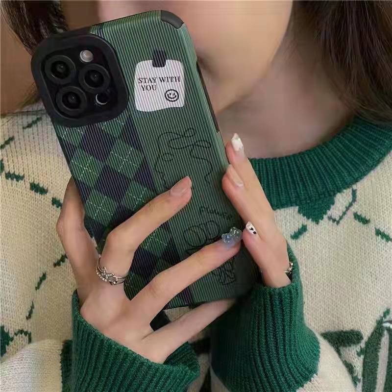 Ốp Điện Thoại Mềm Họa Tiết Kim Cương Màu Xanh Lá Đậm Kiểu retro Cho iPhone13 14 pro max 11 12 promas X Xmax 7