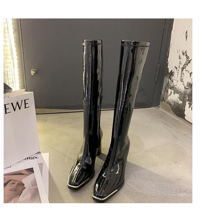 {MS 2082} BOOTS ĐÙI NỮ -BOOT ĐÙI NỮ  CỔ LỬNG MŨI VUÔNG BỌC KIM LOẠI DA BÓNG FORM TO HÀNG XUẤT LOẠI 1