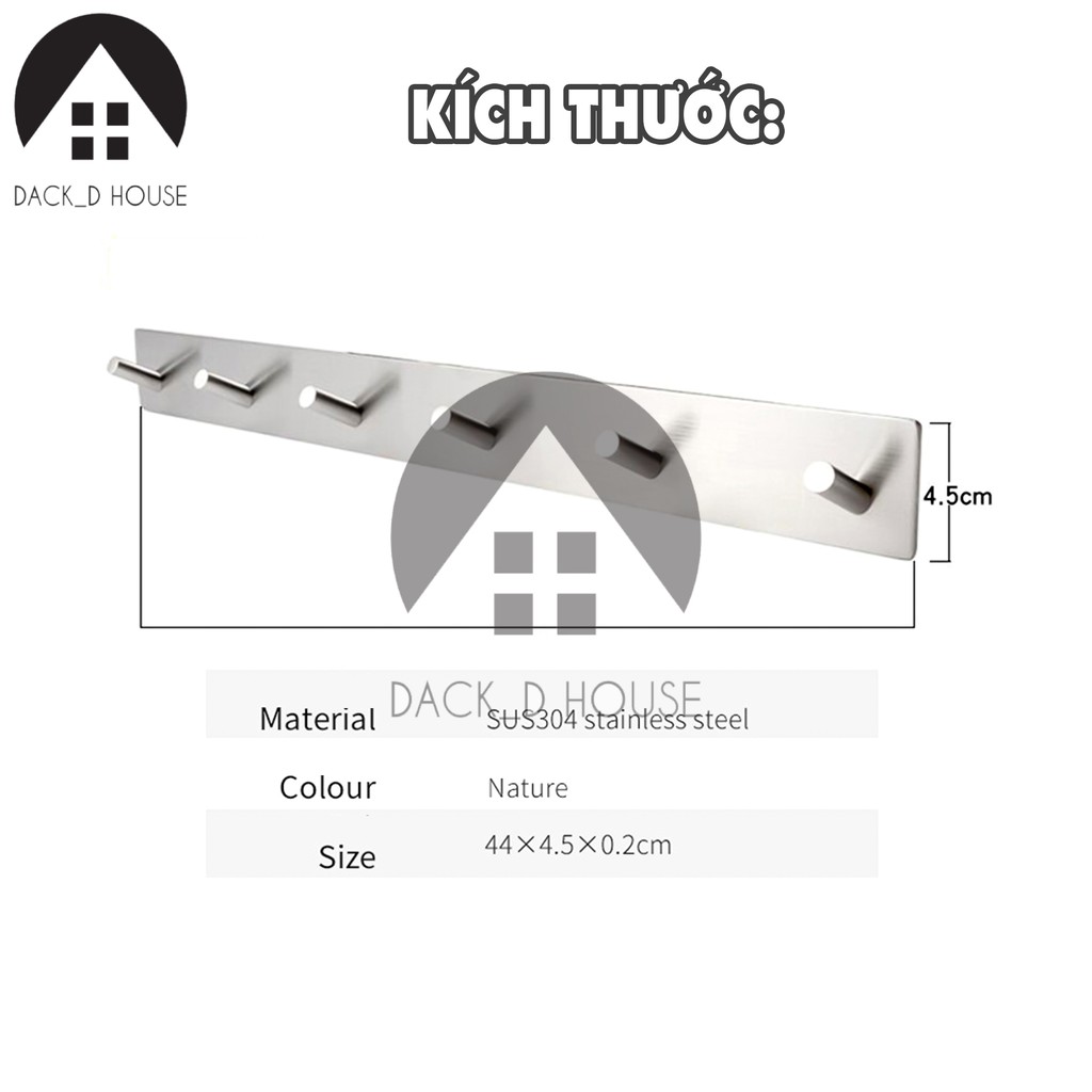 Móc treo đồ nhà tắm inox 6 chấu Dack D House, inox 304 không rỉ sét, kèm keo dán 3M siêu chiệu lực, gia dụng cao cấp