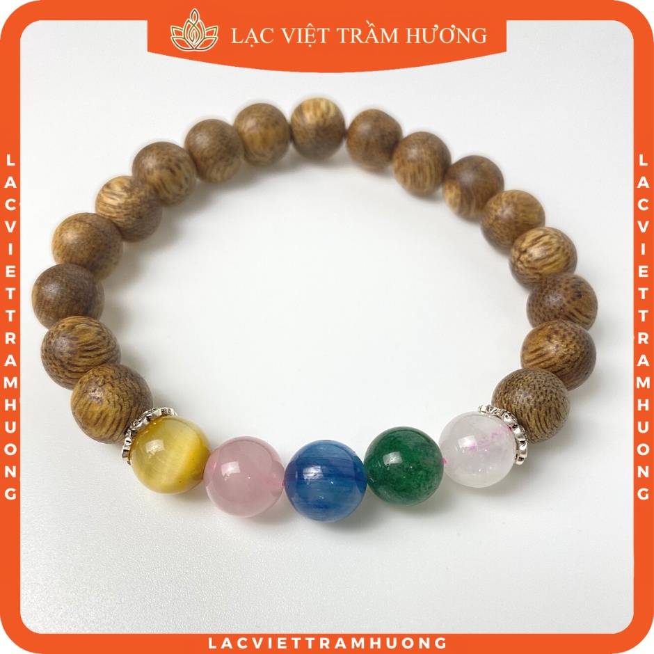 Vòng Tay Trầm Hương Đá Phong Thủy 5 Màu Cân Bằng Ngũ Hành Trợ Mệnh Phong Thủy Cầu May Mắn - Trầm Tốc Tự Nhiên Lạc Việt