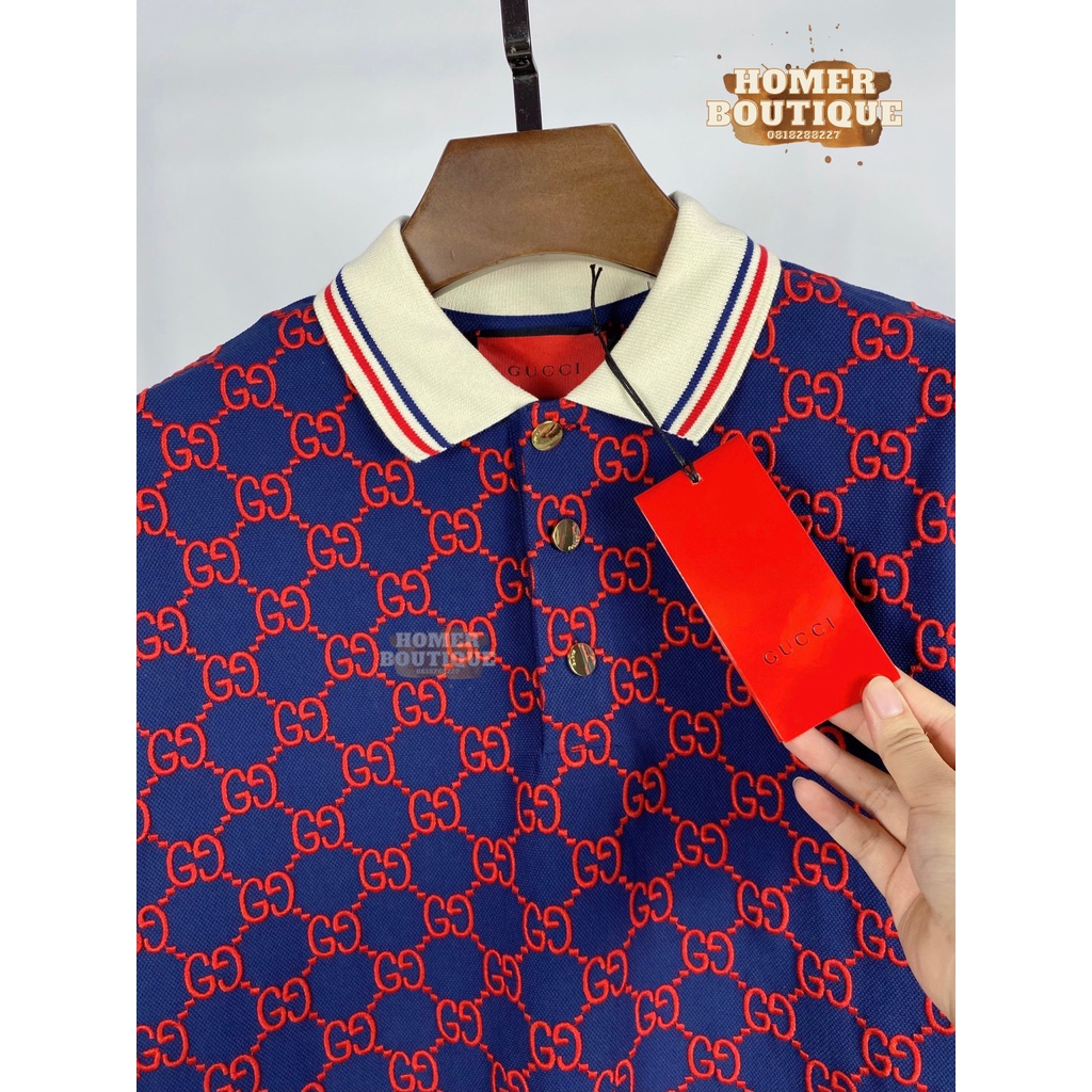 Áo Polo Chất Cotton Vân Thêu Rõ Ràng Gucci GG Stretch Cotton Polo Shirts/Blue Red