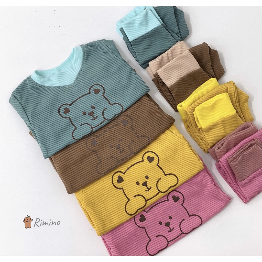 [SALE] Bộ Quần Áo Bé Gái, Bé Trai KIMCHIBABY Vải Thun Gân In Gấu Cổ Cao 3P, Đồ Bộ Cho Bé Mặc Nhà Thu Đông KWTD2217
