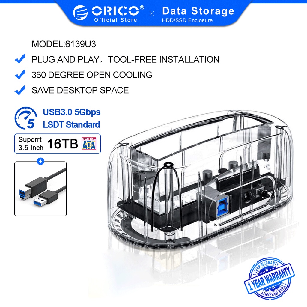 Đế cắm ổ cứng Orico usb 3.0 sang Sata màu trong suốt cho ổ cứng ssd 2.5/3.5 inch tốc độ truyền 5gbps