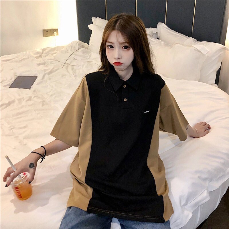 Áo polo tay lỡ, áo thun cổ bẻ phối màu form thụng kiểu dáng Unisex phong cách Ulzzang