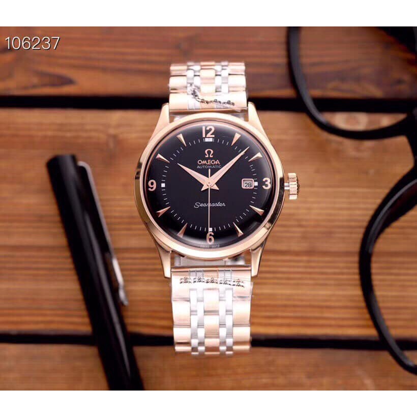 Đồng hồ Nam Omega máy cơ automatic giả cổ mặt đen vỏ vàng hồng dây kim loại 40mm