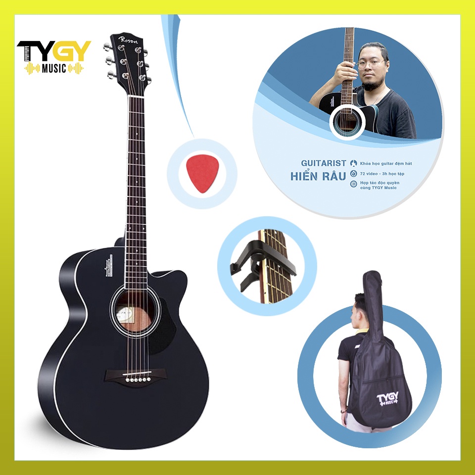 Đàn Guitar Acoustic Rosen G11BK-A Tặng kèm khóa học của Guitarist Hiển râu và đầy đủ phụ kiện