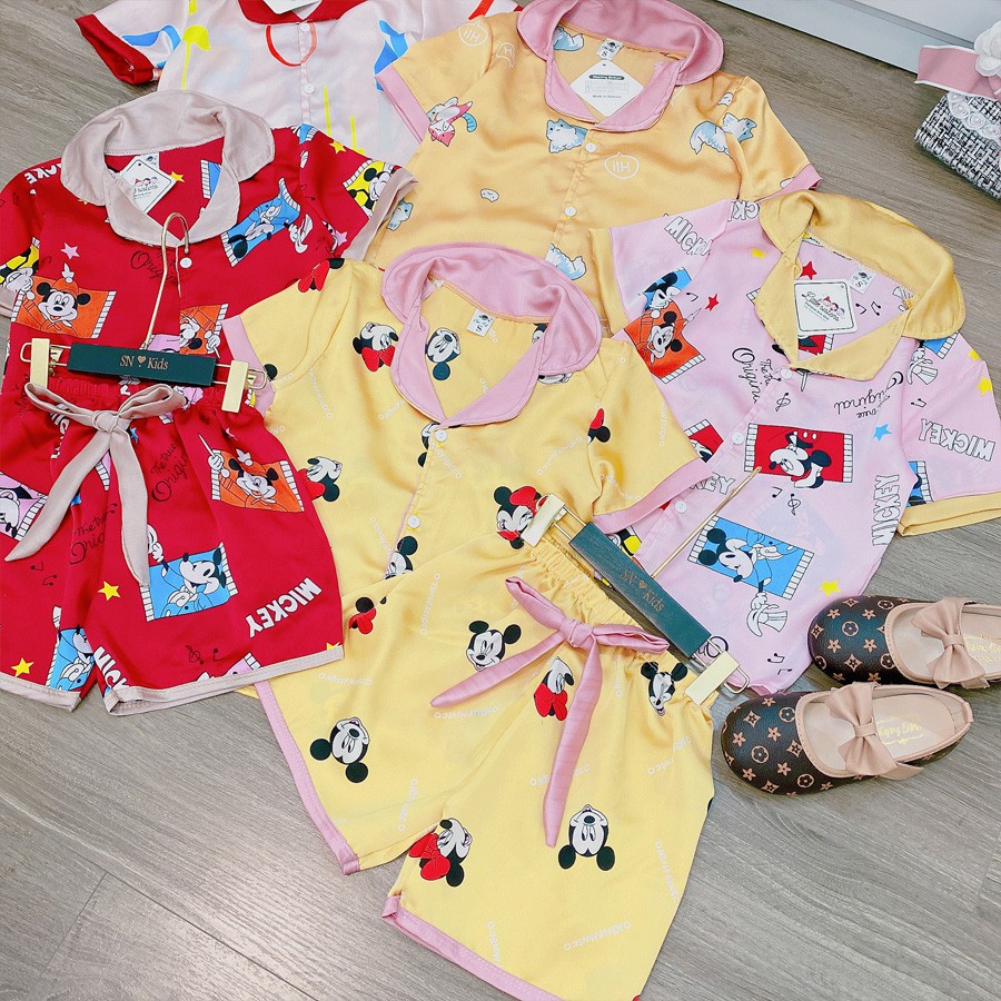 [20KG-42KG] Bộ Mặc Nhà Pijama Lụa Phối Nơ Cao Cấp Tay Cộc Cho Bé Gái - Chất Liệu Lụa mềm Mịn Thoáng Mát