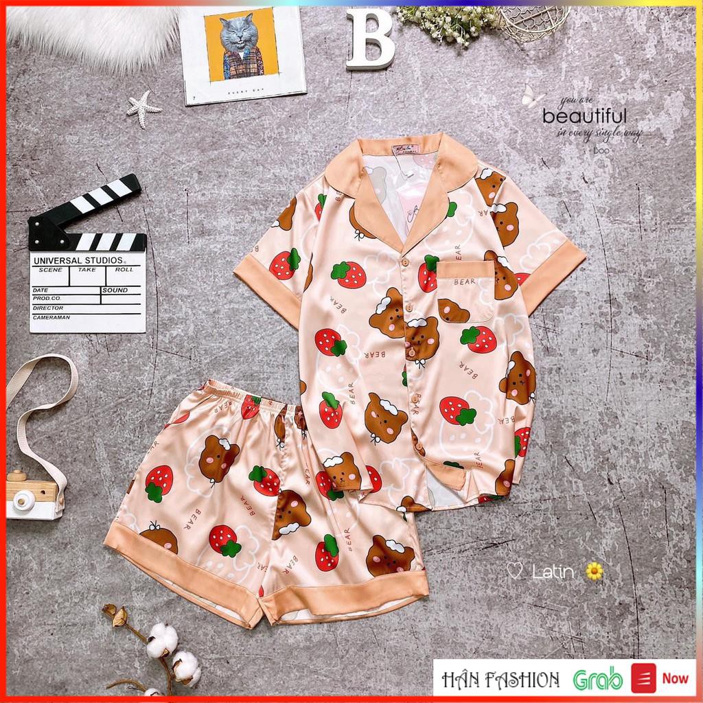 Pijama Nữ Cao Cấp Lụa Latin Tay Ngắn, Quần Đùi - Bộ Ngủ Mặc Nhà Dễ Thương, Họa Tiết Trái Cây Cực Mát, Mềm, Mặc Thoải Mái
