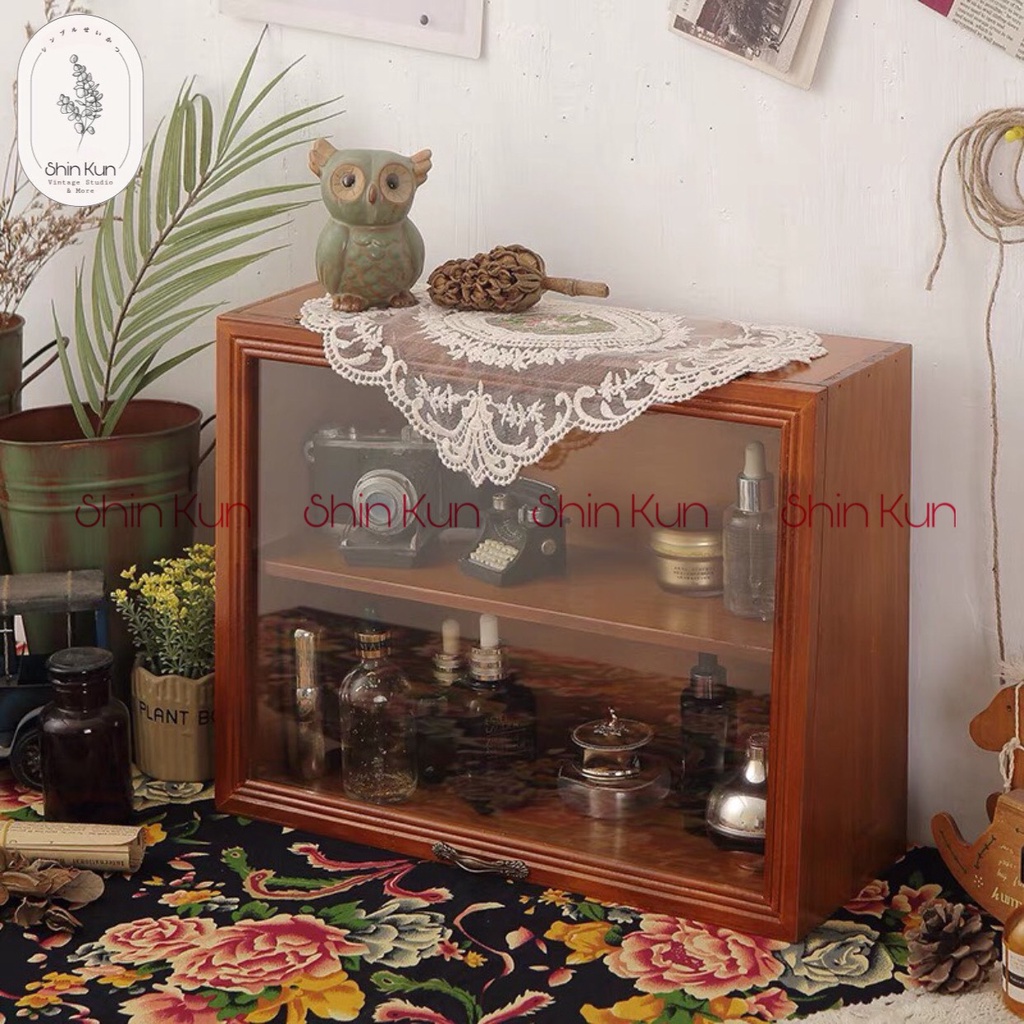 Tủ Gỗ Mini Để Bàn Đựng Mỹ Phẩm Cốc Chén Đồ Decor Kiểu Cánh Ngược Vintage Retro SS06