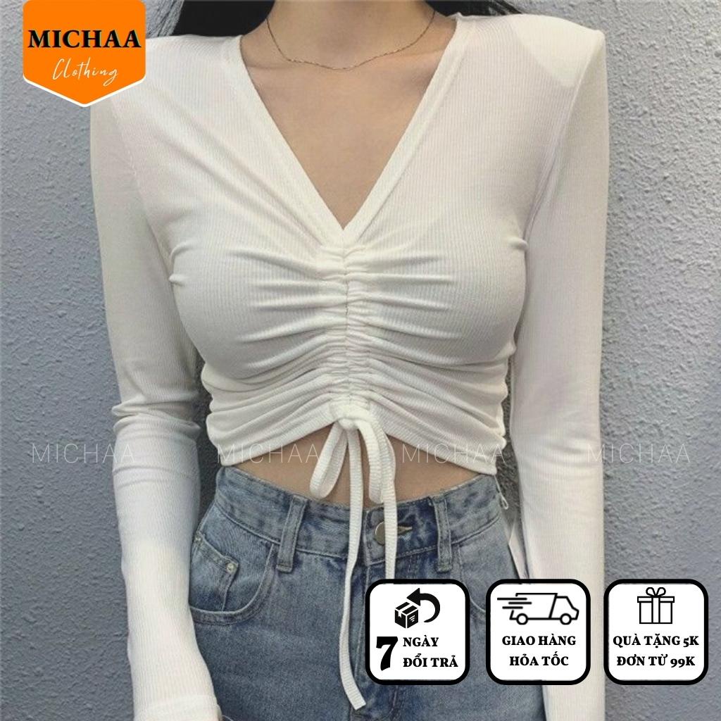 Áo Croptop CỔ TIM DÂY RÚT Tay Dài Kiểu Nữ Ôm Body Sexy Ulzzang - MICHAA