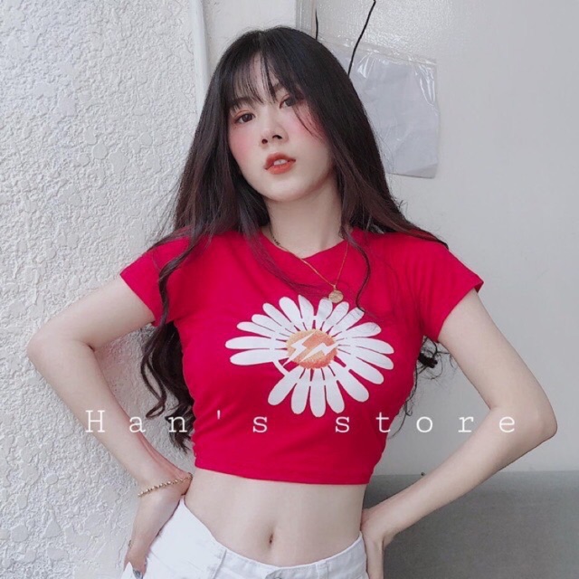 Áo croptop ngắn tay hình hoa 4 màu thun lạnh mềm mịn RICH STORE CRT05