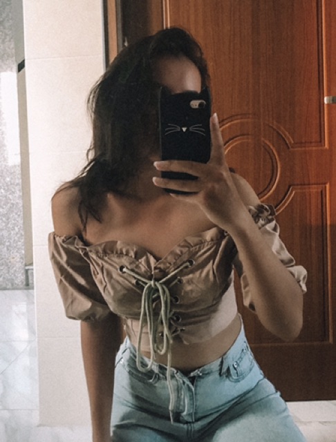 (HÌNH THẬT) ÁO BẸT VAI CROPTOP CỘT NƠ NHÚN