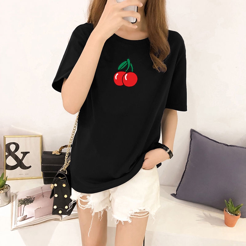 Áo Thun Tay Ngắn Unisex Cổ Tròn In Hình Quả Cherry Phong Cách Harajuku
