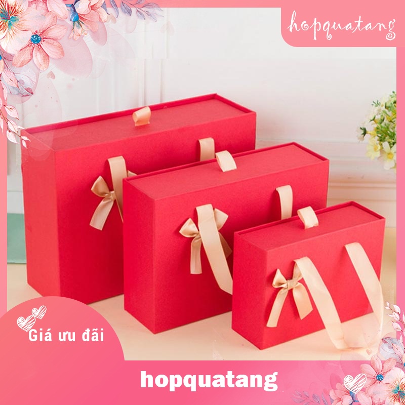 Hộp Quà Tặng Kèm Túi Màu Đỏ Gắn Nơ Dạng Kéo Cao Cấp