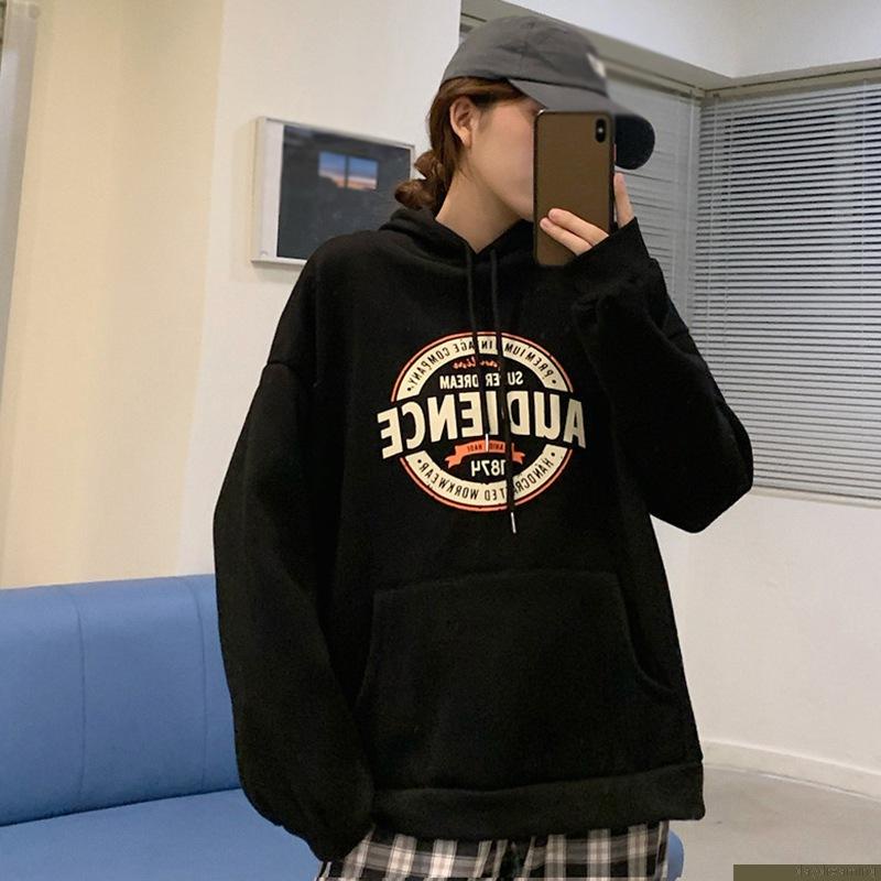 Áo hoodie tay dài dáng rộng có dây rút thời trang thu đông cho nữ