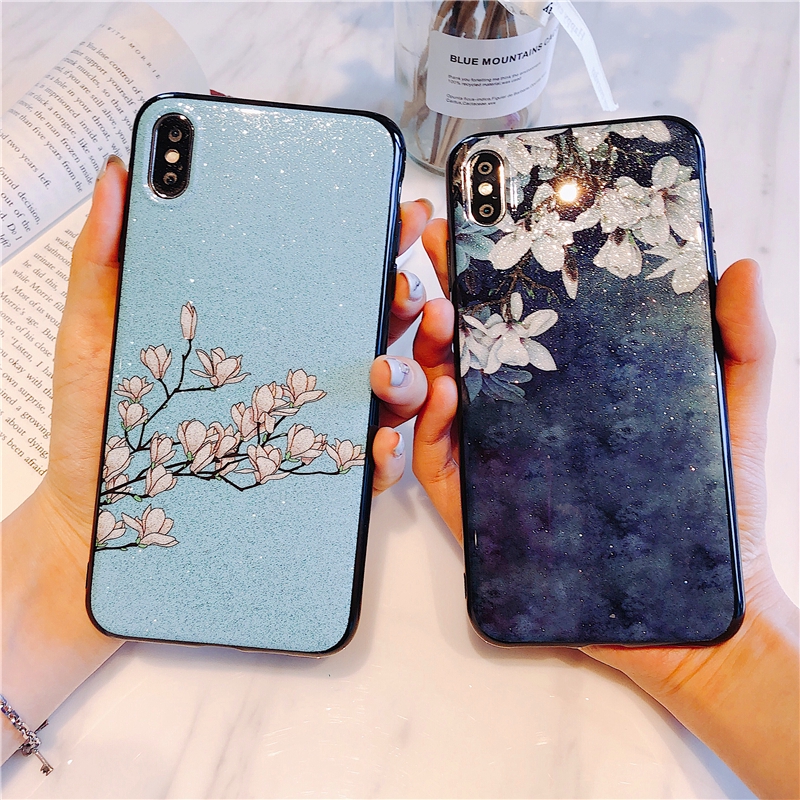 Case iPhone 5 5s 6 6s 7 8 Plus X XS / Max XR TPU Glitter Magnolia Flower Cover