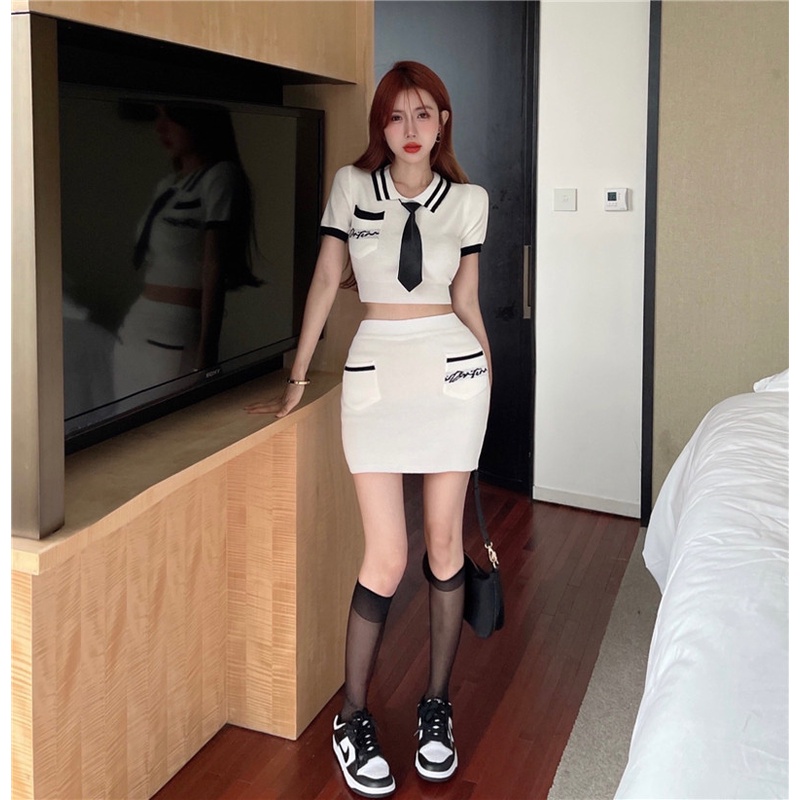 Bộ áo polo dệt kim cổ bẻ phối chân váy chữ A lưng cao ZHELIHANGFEI thời trang quyến rũ dành cho nữ