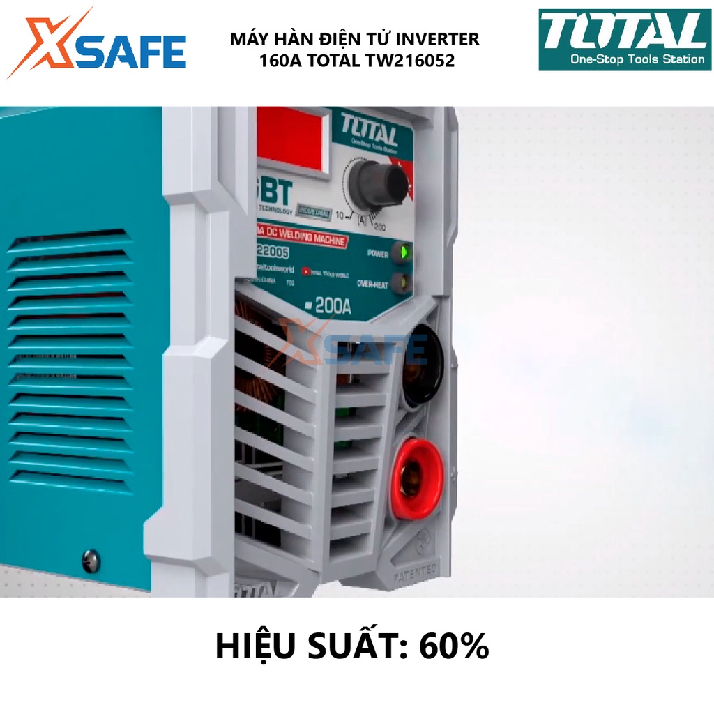 Máy hàn điện tử TOTAL TW216052 Inverter MMA Điện áp ra tối đa 160A 65V Kích thước que hàn 1.6 - 4.0mm