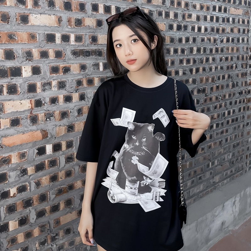 Áo thun tay lỡ unisex form rộng mèo DOLLAR chất cotton mát co dãn giá rẻ | BigBuy360 - bigbuy360.vn