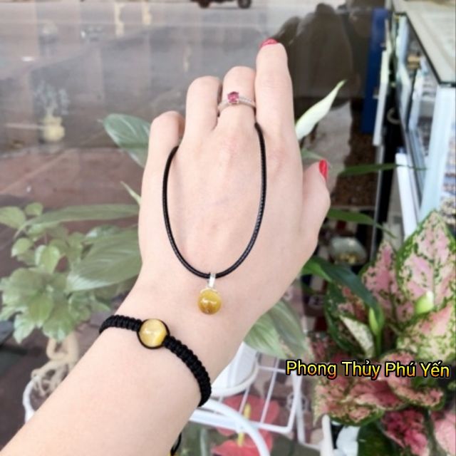 Combo vòng tay + vòng cổ Đá Mắt Hổ vàng tâm.
